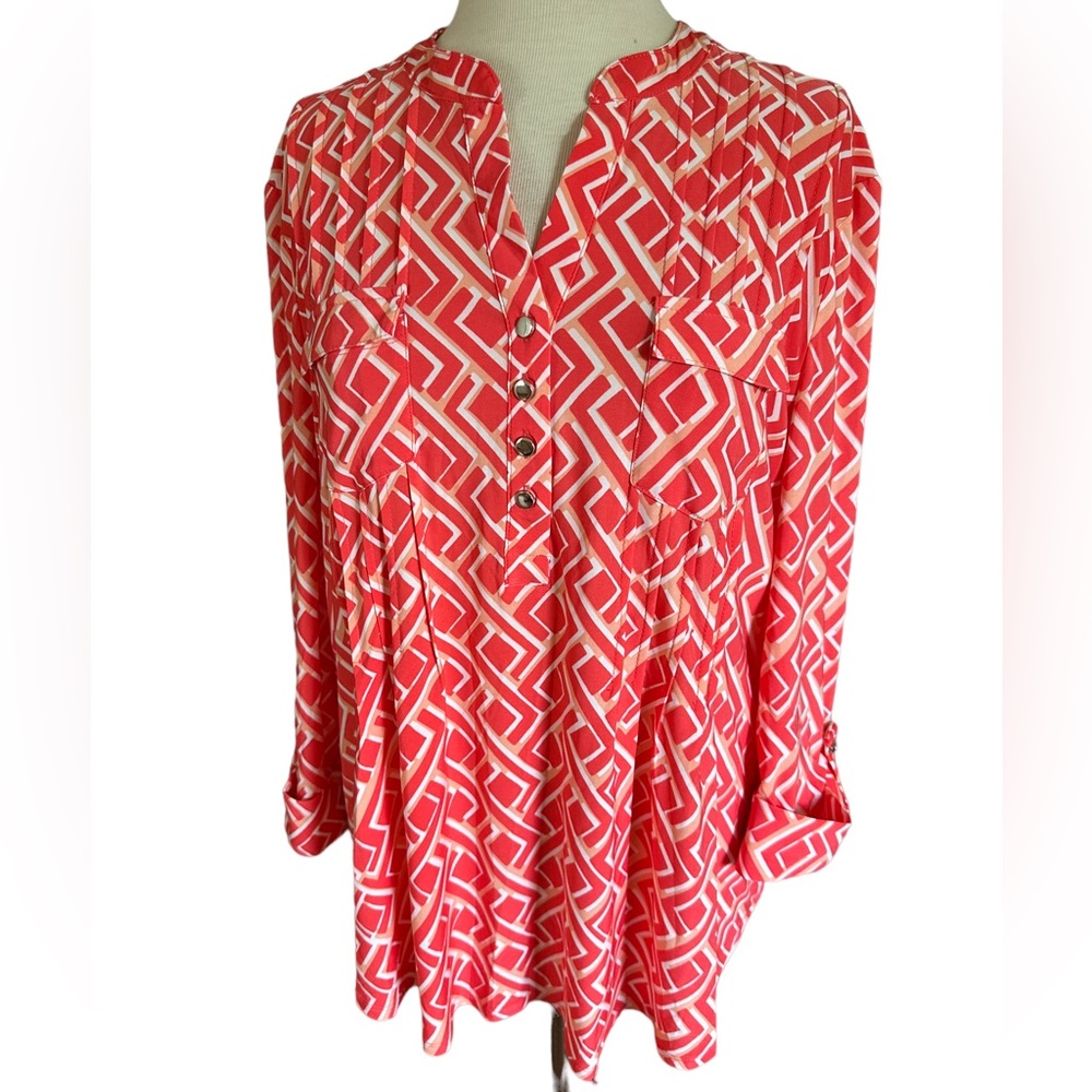 COCOMO XL Coral orange white 3/4 sleeve women’s Pintuck Blouse top shirt - Picture 8 of 15